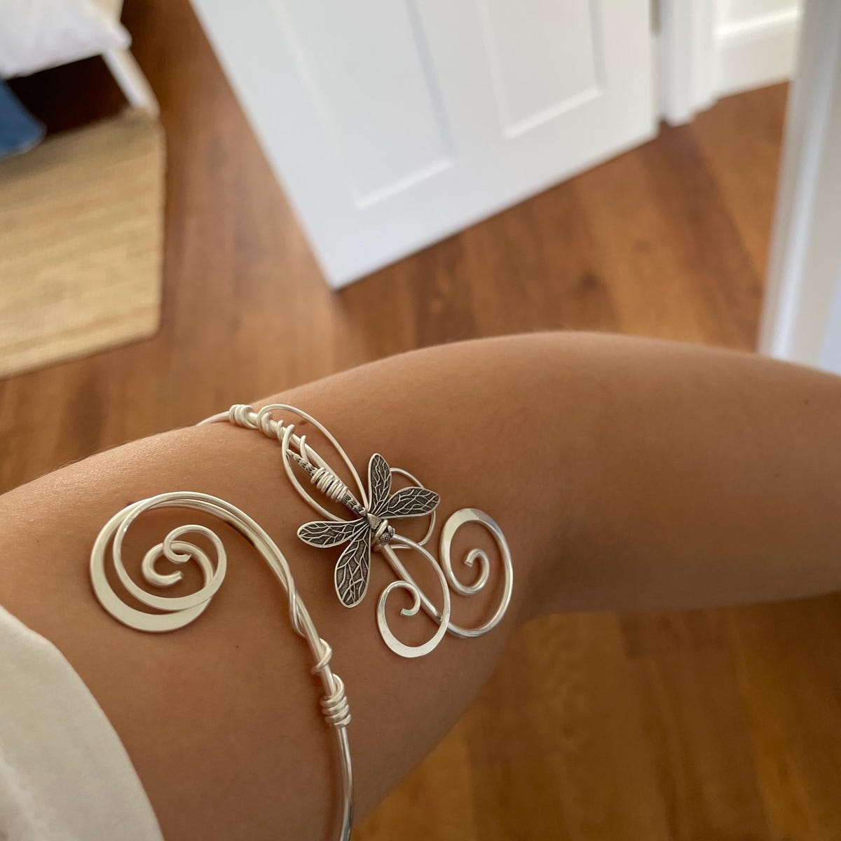 Handmade Hammered sterling plated Dragonfly Arm Cuff | Adjustable Thick Wire armlet