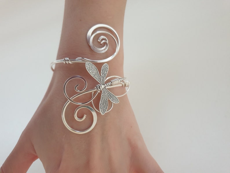 Handmade Hammered Sterling Plated Dragonfly Cuff Bracelet | Adjustable Silver