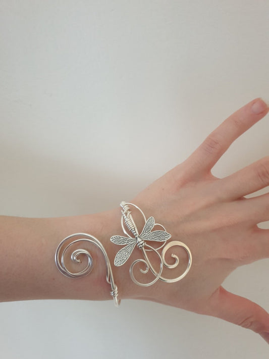 Handmade Hammered Sterling Plated Dragonfly Cuff Bracelet | Adjustable Silver