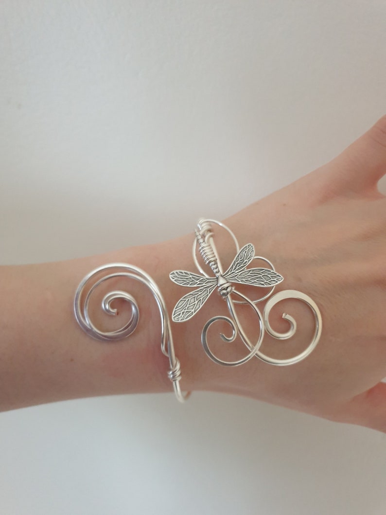 Handmade Hammered Sterling Plated Dragonfly Cuff Bracelet | Adjustable Silver