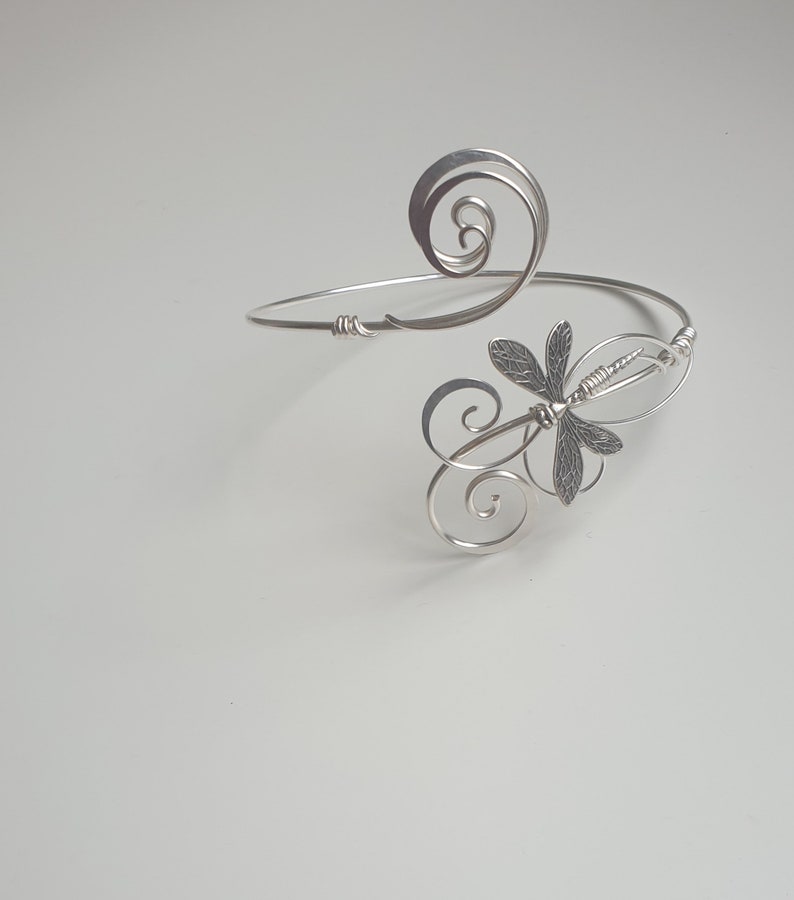 Handmade Hammered sterling plated Dragonfly Arm Cuff | Adjustable Thick Wire armlet