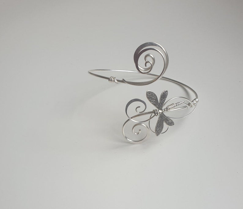 Handmade Hammered sterling plated Dragonfly Arm Cuff | Adjustable Thick Wire armlet