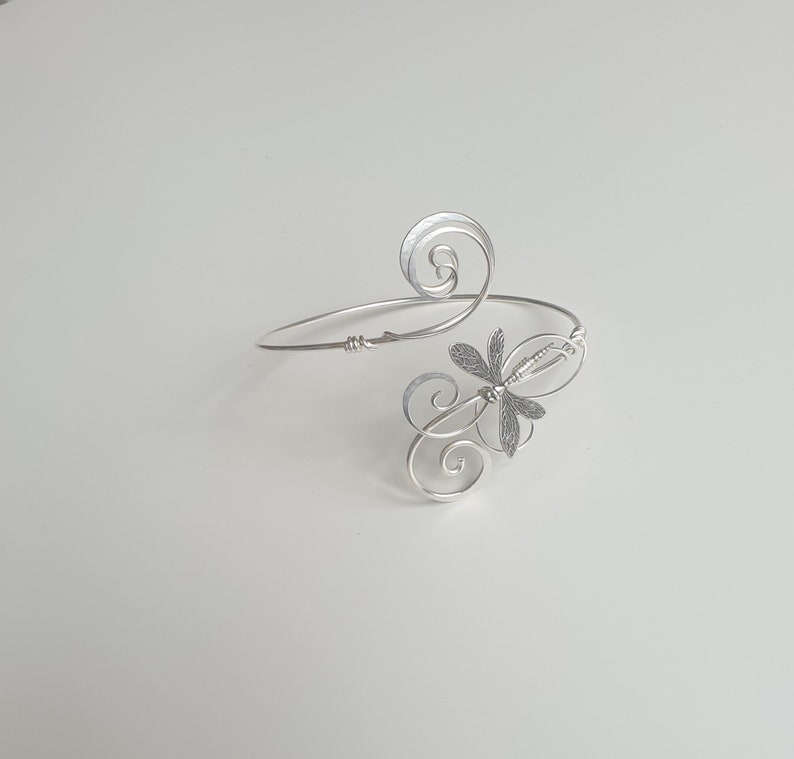 Handmade Hammered sterling plated Dragonfly Arm Cuff | Adjustable Thick Wire armlet