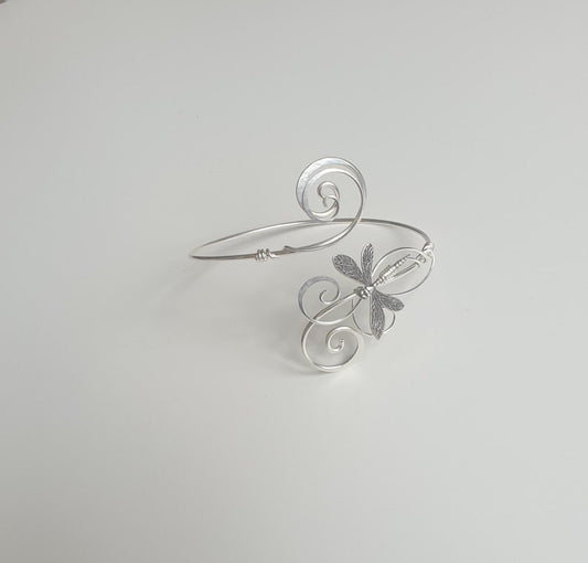 Handmade Hammered sterling plated Dragonfly Arm Cuff | Adjustable Thick Wire armlet