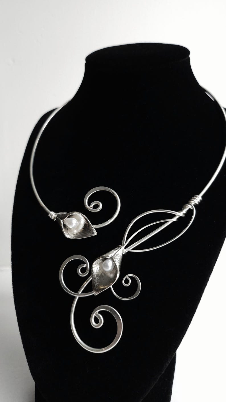 Handmade Calla Lily Collar Necklace | Hammered Sterling Plated Metal and Pearl