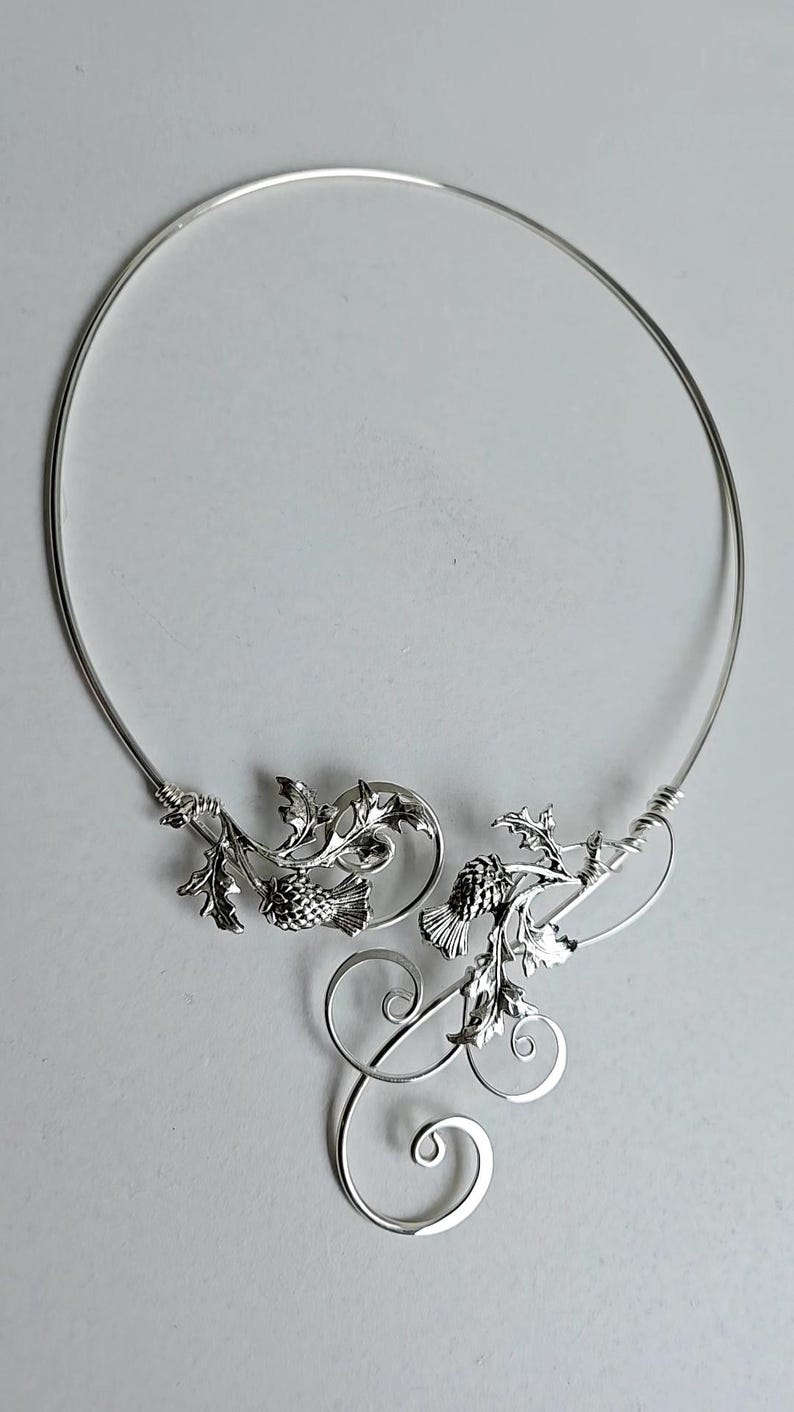 Scottish Thistle Torc Necklace | Silver-Plated Hammered Collar