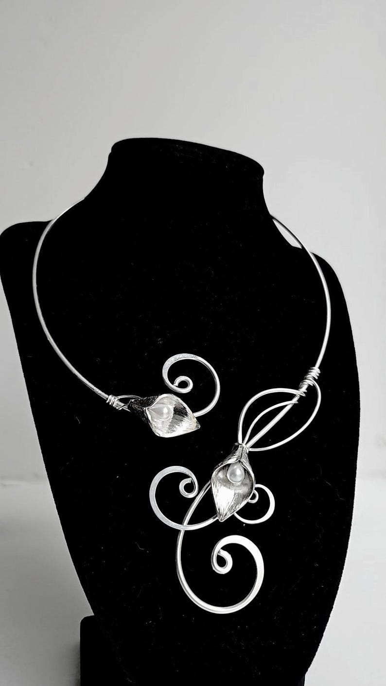 Handmade Calla Lily Collar Necklace | Hammered Sterling Plated Metal and Pearl