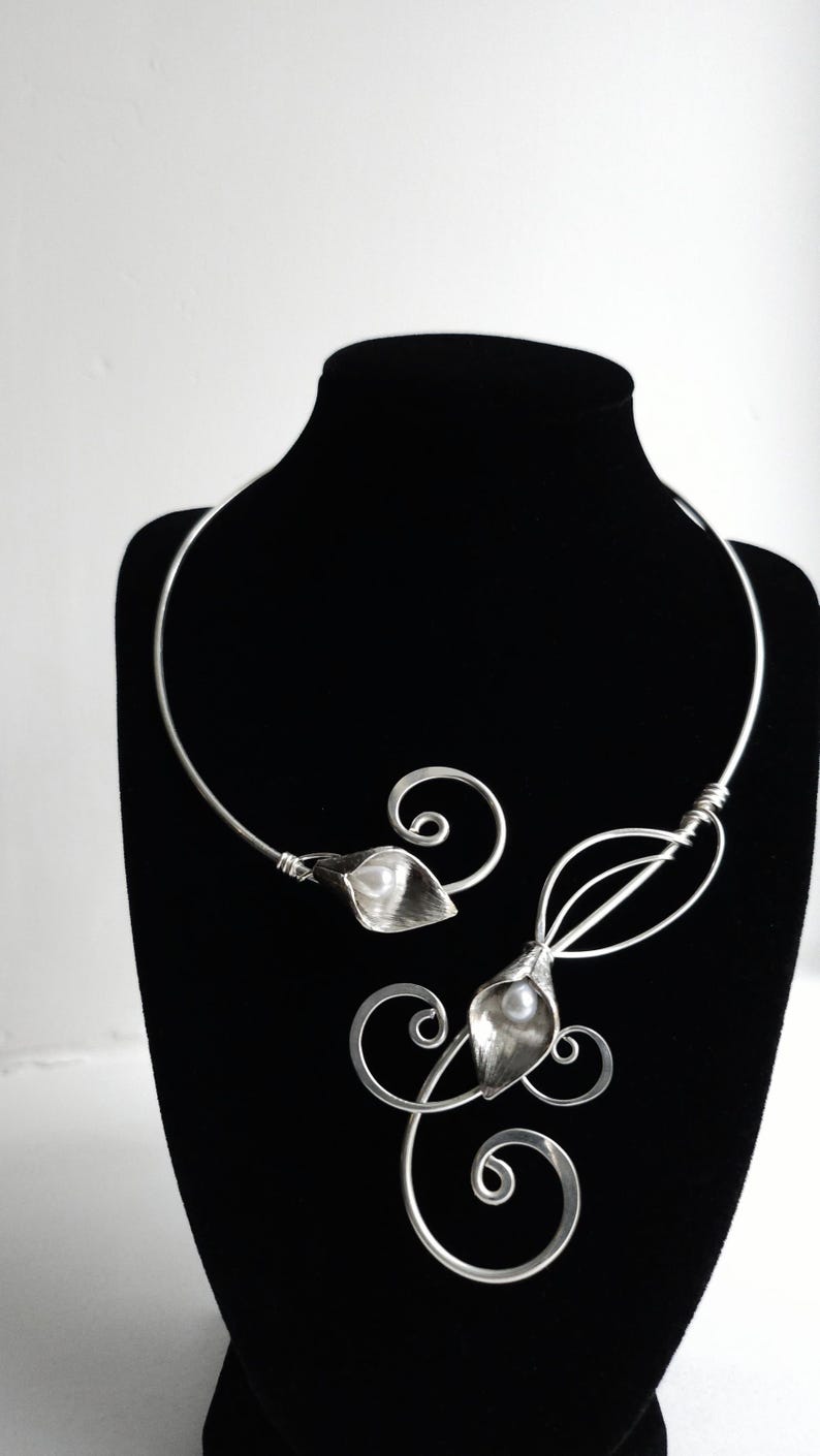Handmade Calla Lily Collar Necklace | Hammered Sterling Plated Metal and Pearl