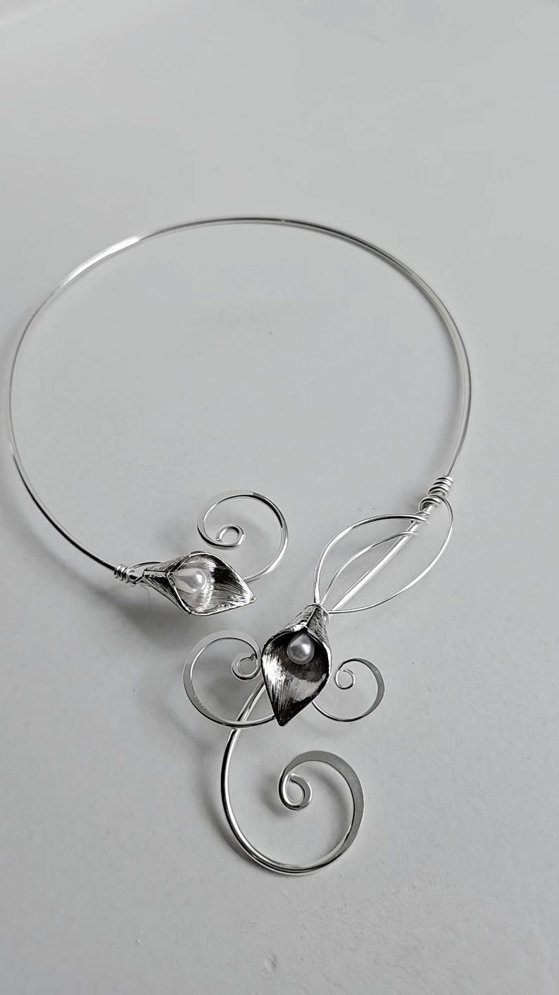 Handmade Calla Lily Collar Necklace | Hammered Sterling Plated Metal and Pearl