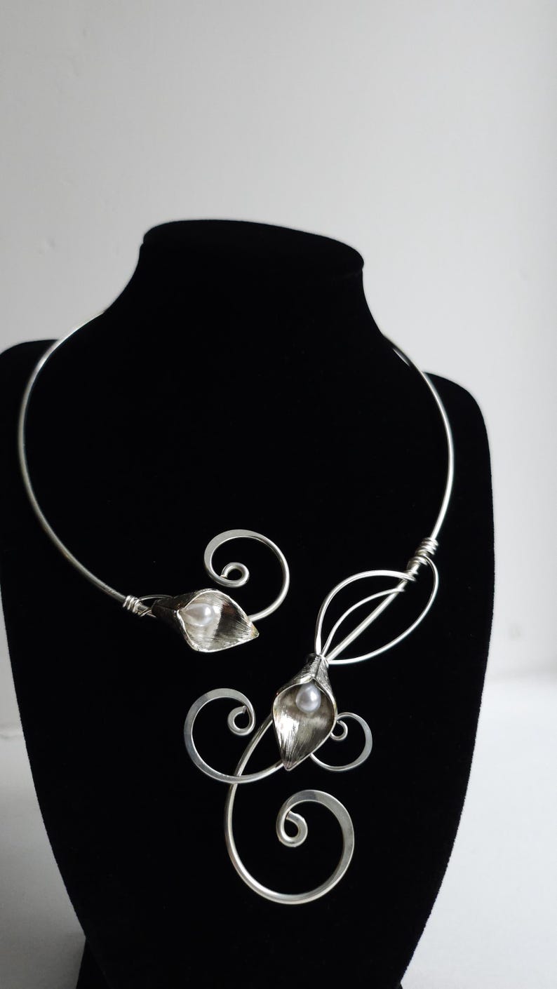 Handmade Calla Lily Collar Necklace | Hammered Sterling Plated Metal and Pearl