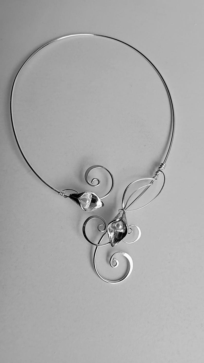 Handmade Calla Lily Collar Necklace | Hammered Sterling Plated Metal and Pearl