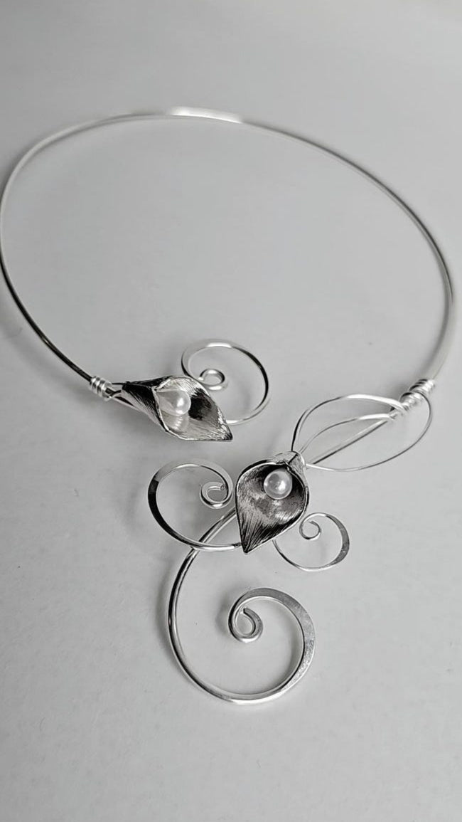 Handmade Calla Lily Collar Necklace | Hammered Sterling Plated Metal and Pearl