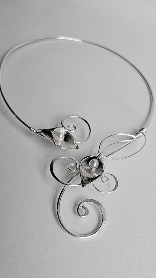 Handmade Calla Lily Collar Necklace | Hammered Sterling Plated Metal and Pearl