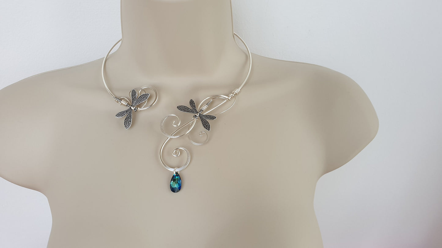 Bermuda Blue Crystal, elements silver dragonfly torc necklace collar