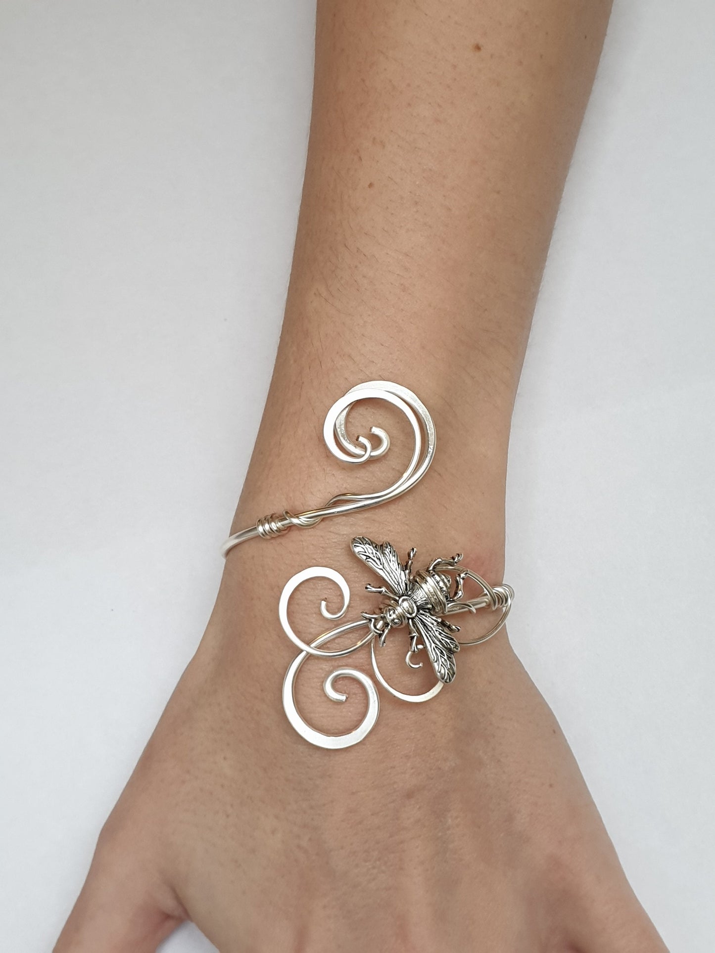 Silver bumble bee cuff bracelet, unique adjustable bangle gift