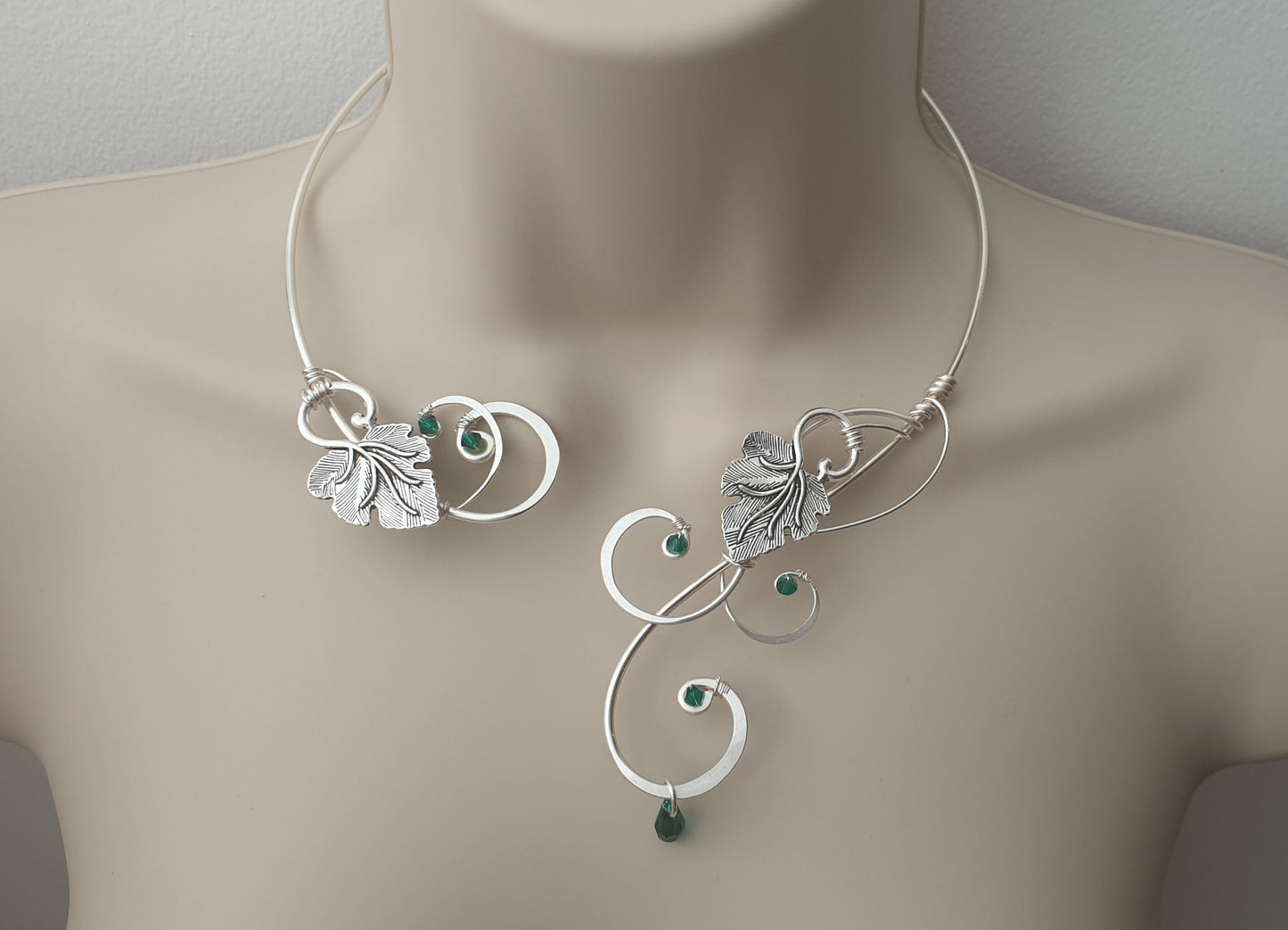 Silver Vine torc necklace, crystal elements emerald green grape leaves collar