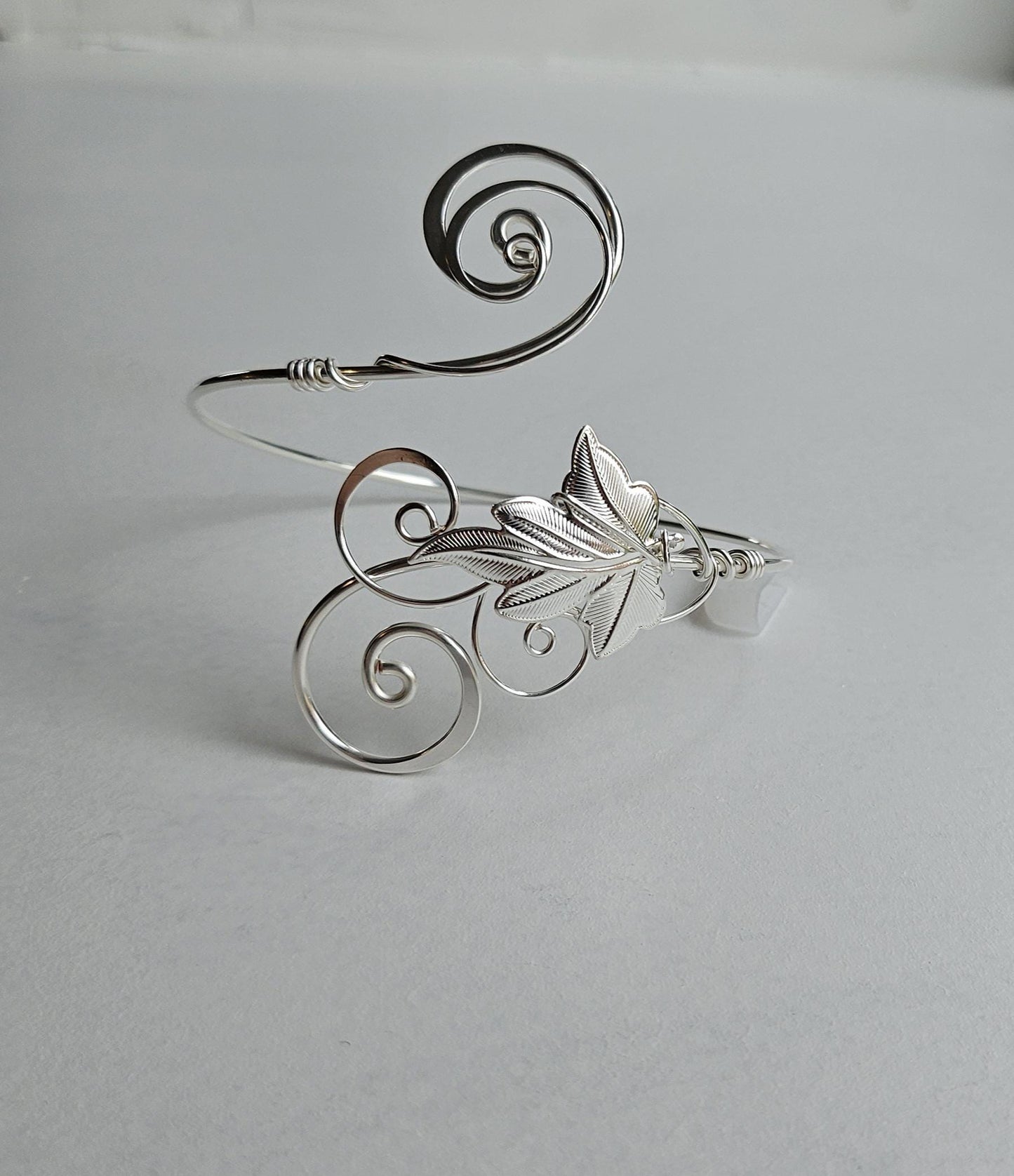 Handmade Sterling Plated Arm Cuff - Ivy Leaf Hammered Jewelry - Adjustable & Custom Fit