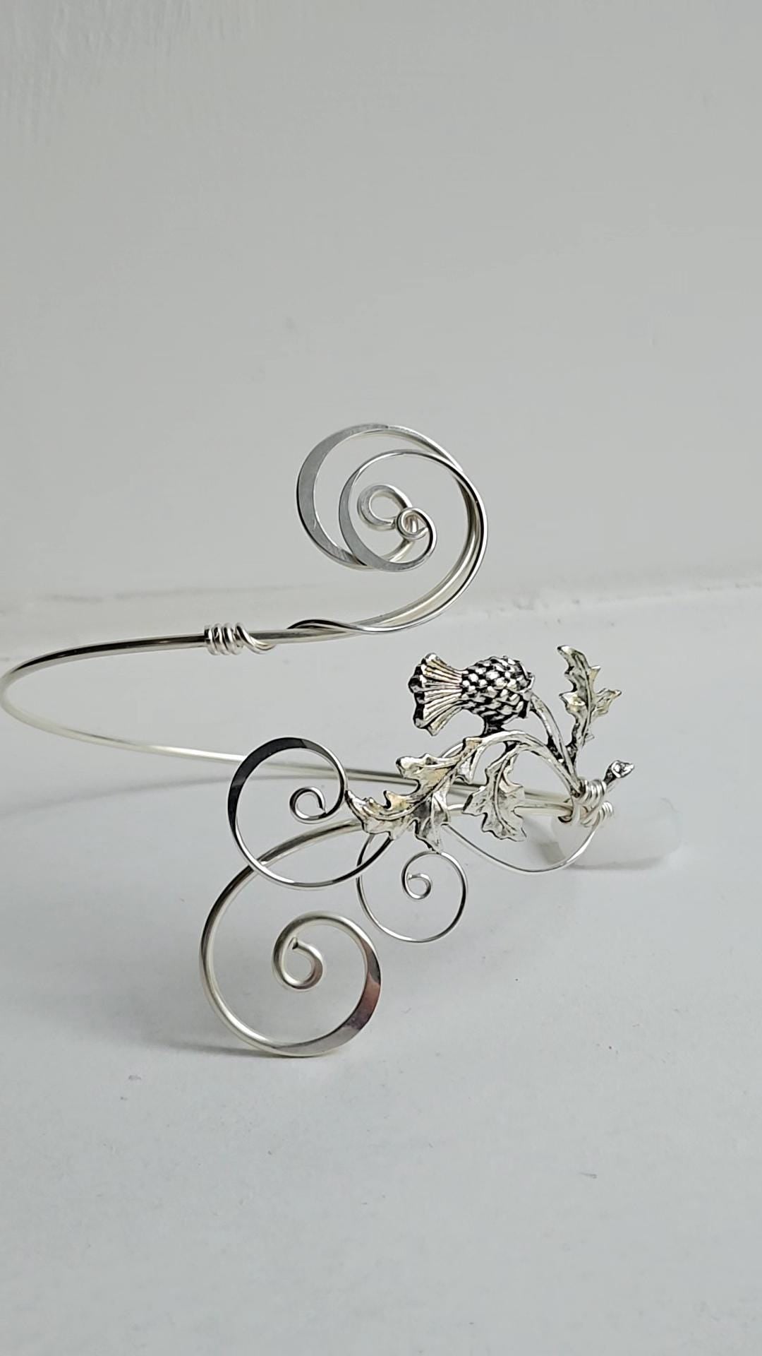 Handmade Silver Thistle Arm Cuff: Adjustable Elven Boho Jewelry