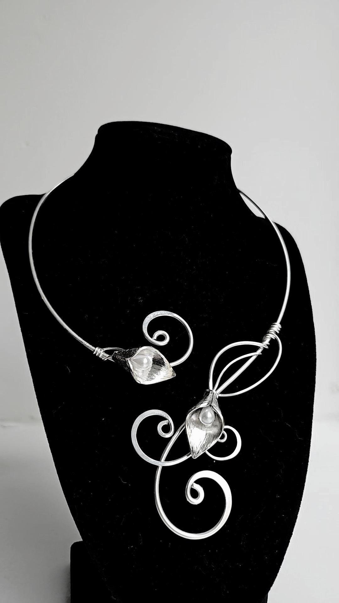 Lily Torc Collar Necklace - Silver Pearl Lily Accents, Adjustable Bridal & Ren Faire Choker