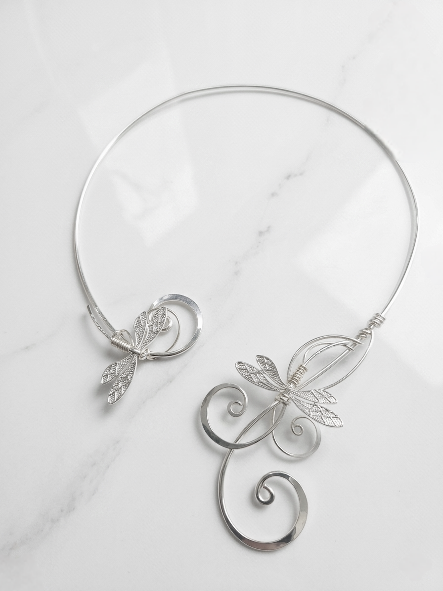 Handmade Silver Plated Dragonfly Torc Necklace | Elven Wire Wrapped Choker