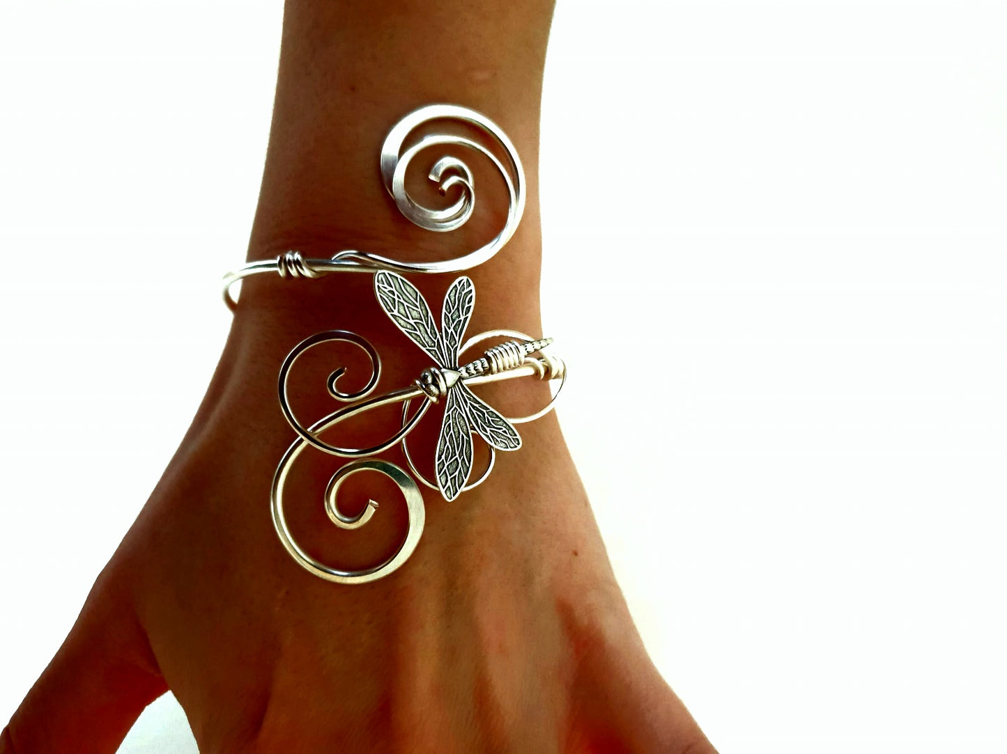 Handmade Hammered Sterling Plated Dragonfly Cuff Bracelet | Adjustable Silver