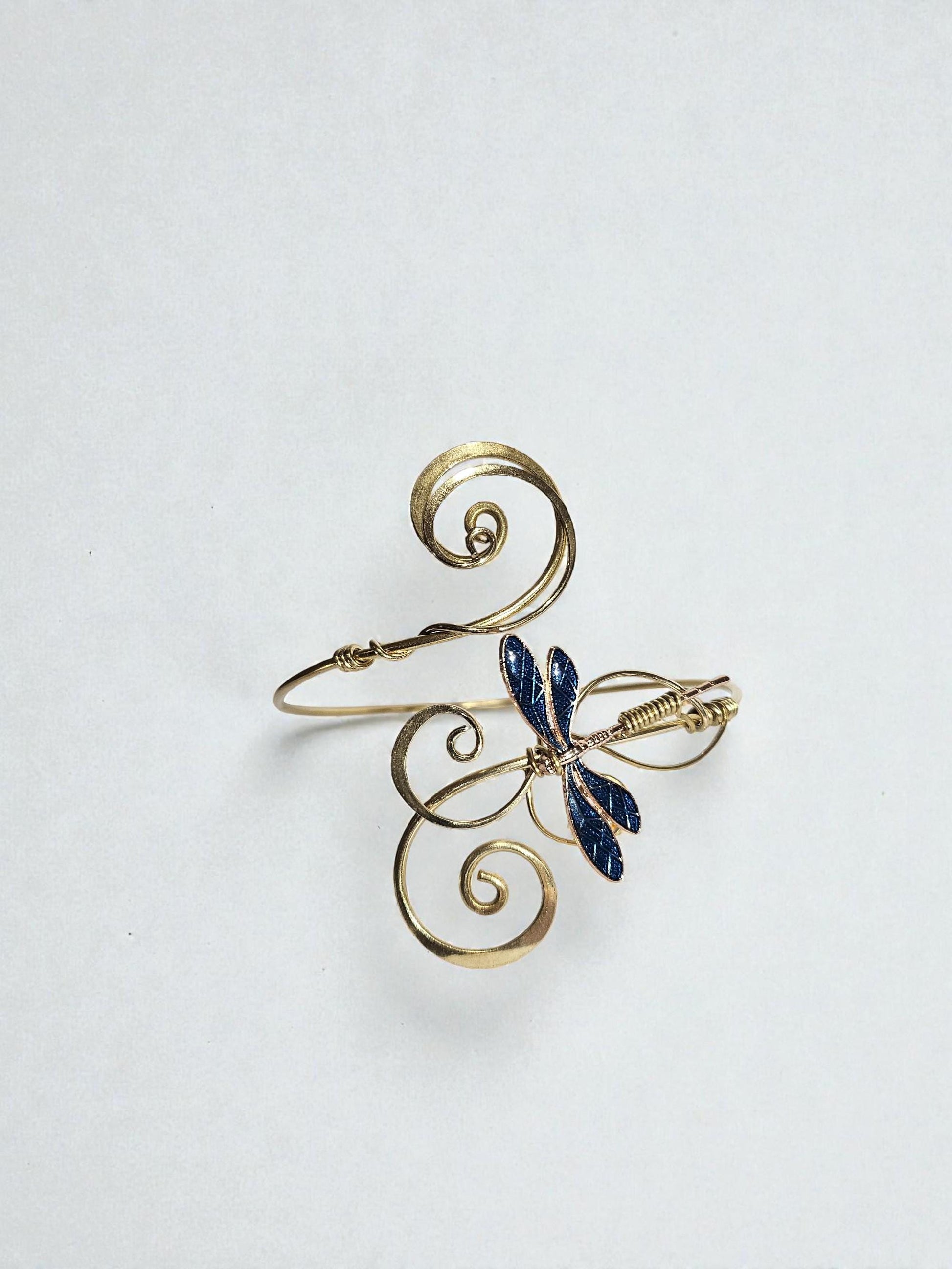 Gold Dragonfly Upper Arm Bracelet, brass wire elven armcuff, blue winged insect jewelry, elvenstardesign handmade accessory.