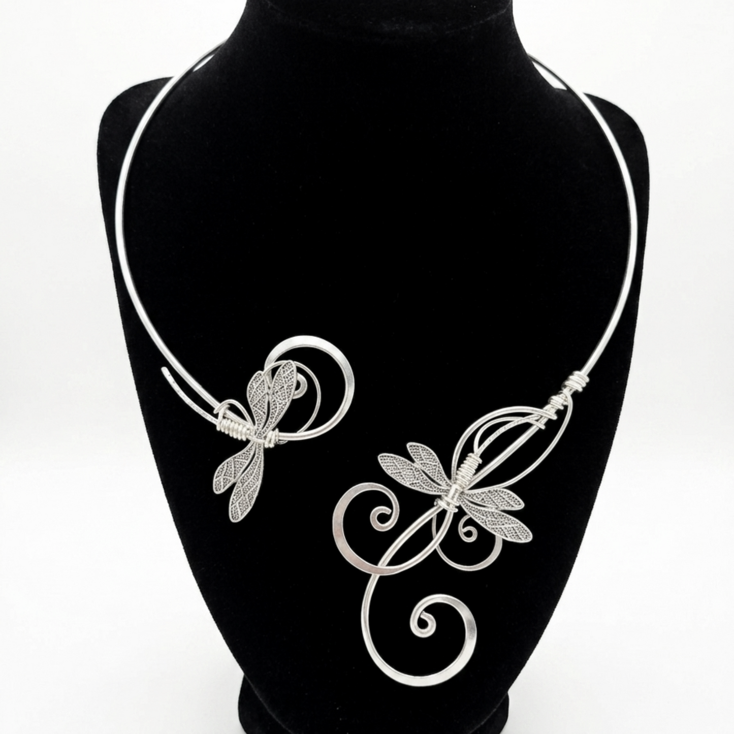 Handmade Silver Plated Dragonfly Torc Necklace | Elven Wire Wrapped Choker