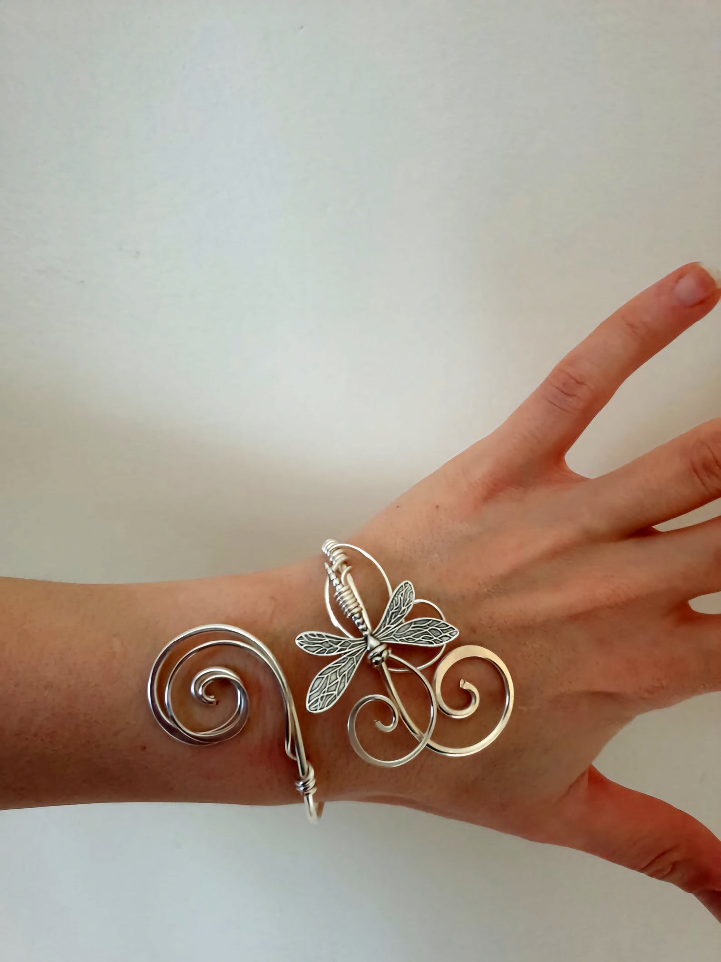 Handmade Hammered Sterling Plated Dragonfly Cuff Bracelet | Adjustable Silver