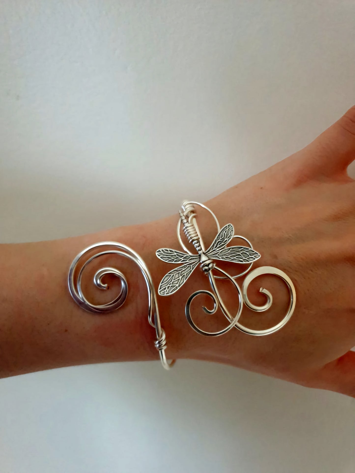 Handmade Hammered Sterling Plated Dragonfly Cuff Bracelet | Adjustable Silver