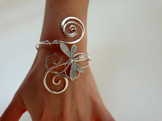Handmade Hammered Sterling Plated Dragonfly Cuff Bracelet | Adjustable Silver