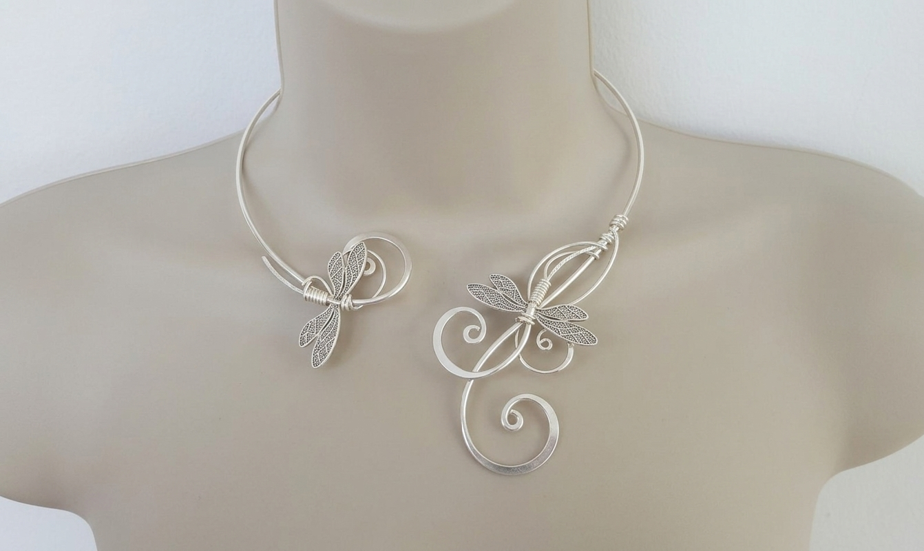 Handmade Silver Plated Dragonfly Torc Necklace | Elven Wire Wrapped Choker