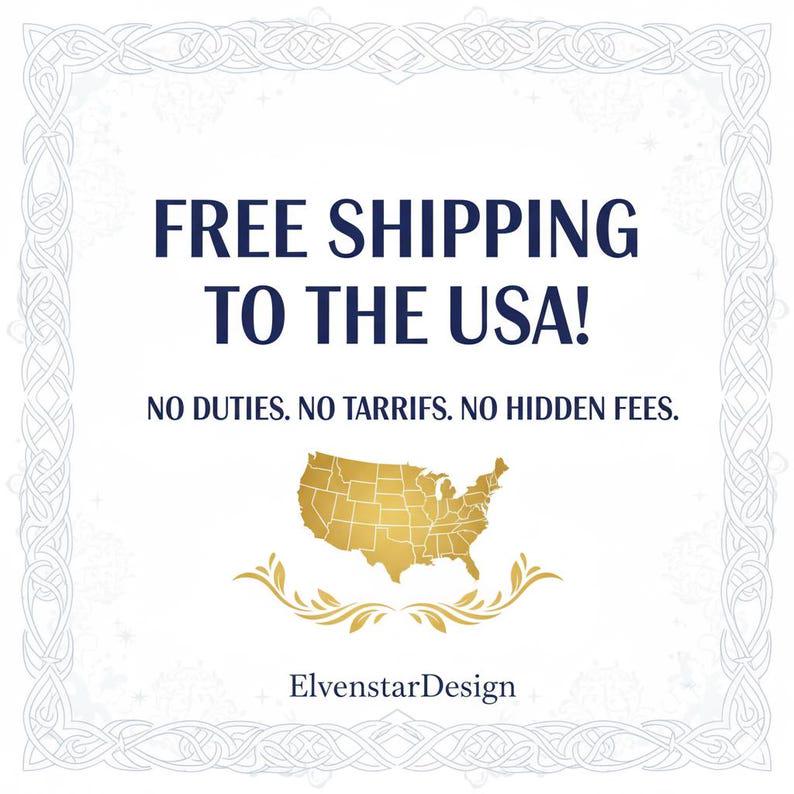 ElvenstarDesign branded graphic announcing free shipping to the USA with no hidden fees or duties. Features a decorative scrollwork border and a gold metallic map of the United States.
