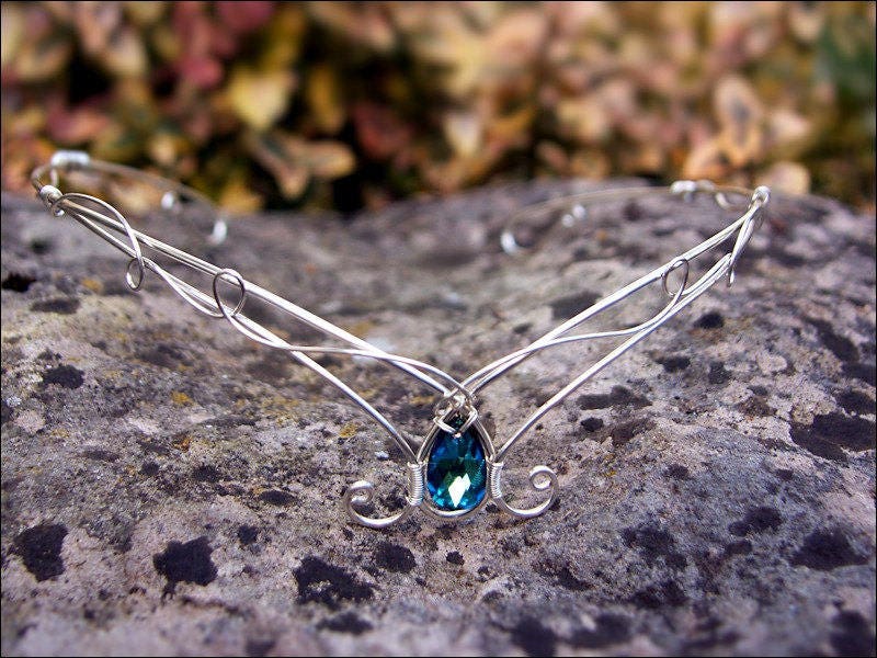 Medieval elven forest tiara in silver with Bermuda blue crystal