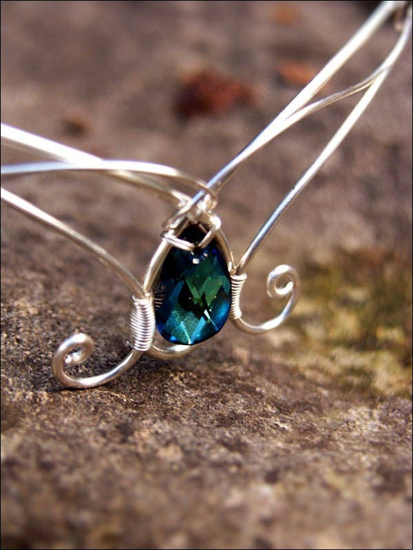 Medieval elven forest tiara in silver with Bermuda blue crystal