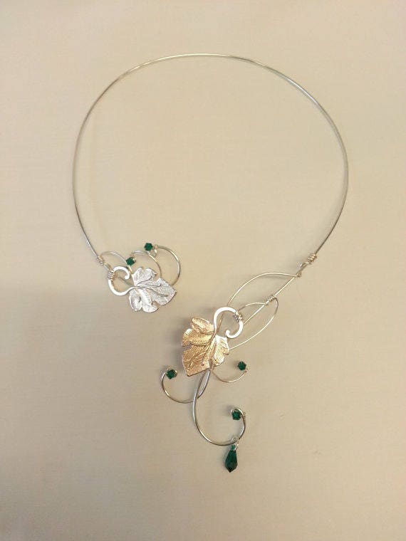Silver Vine torc necklace, crystal elements emerald green grape leaves collar