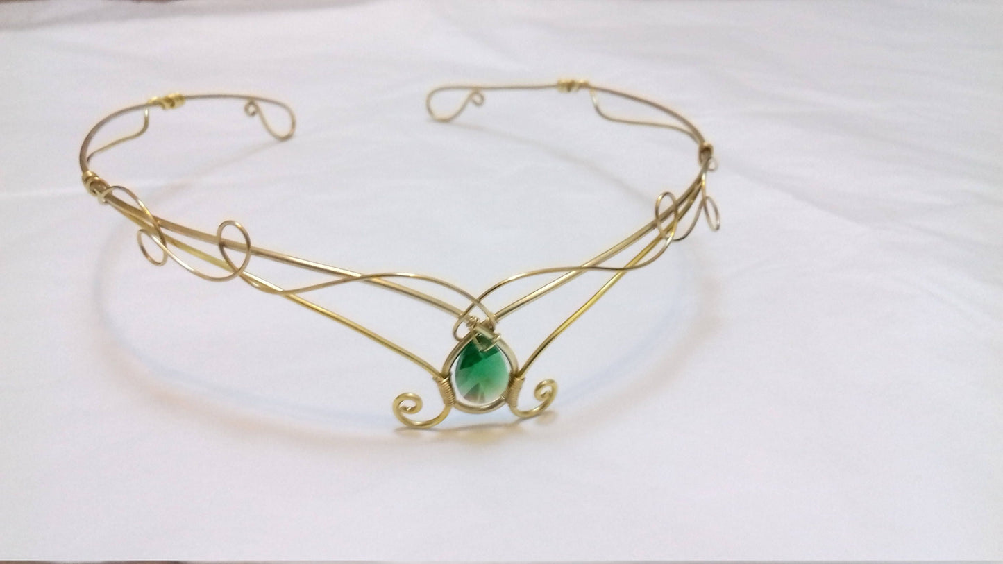 Gold tiara headpiece, blue crystal elements, elven forehead circlet crown