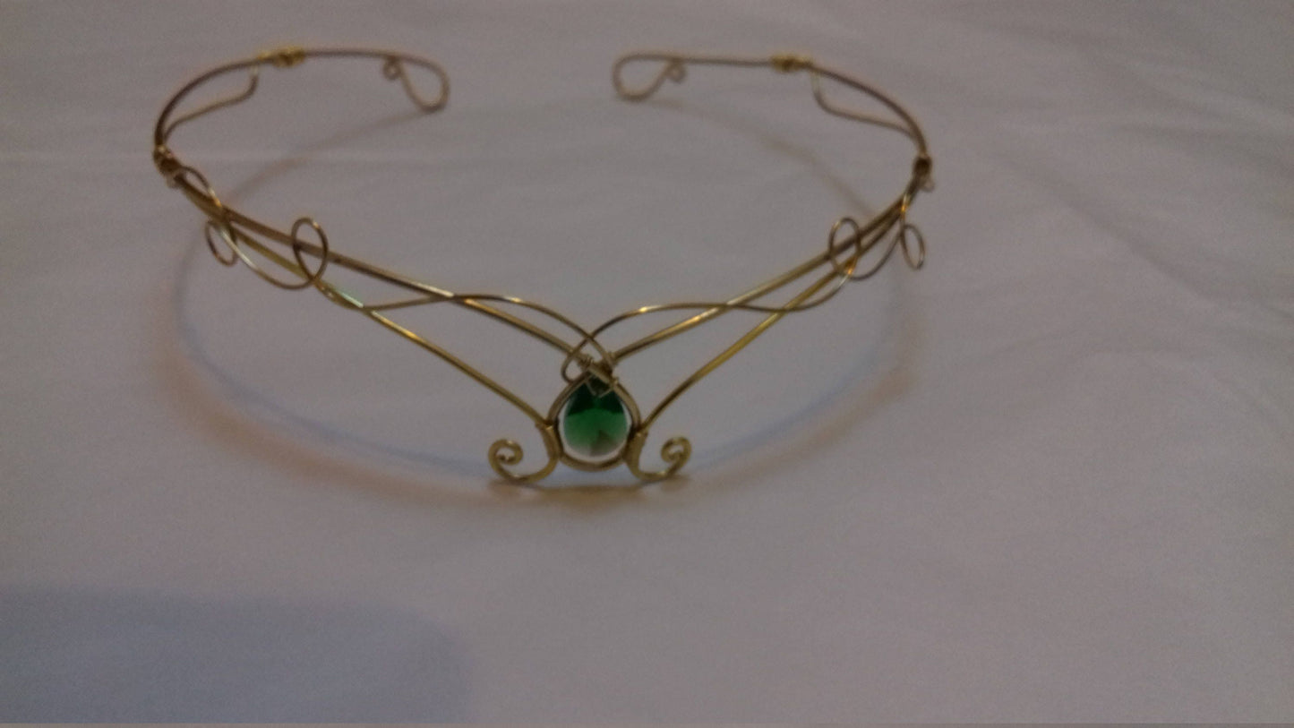 Gold tiara headpiece, blue crystal elements, elven forehead circlet crown