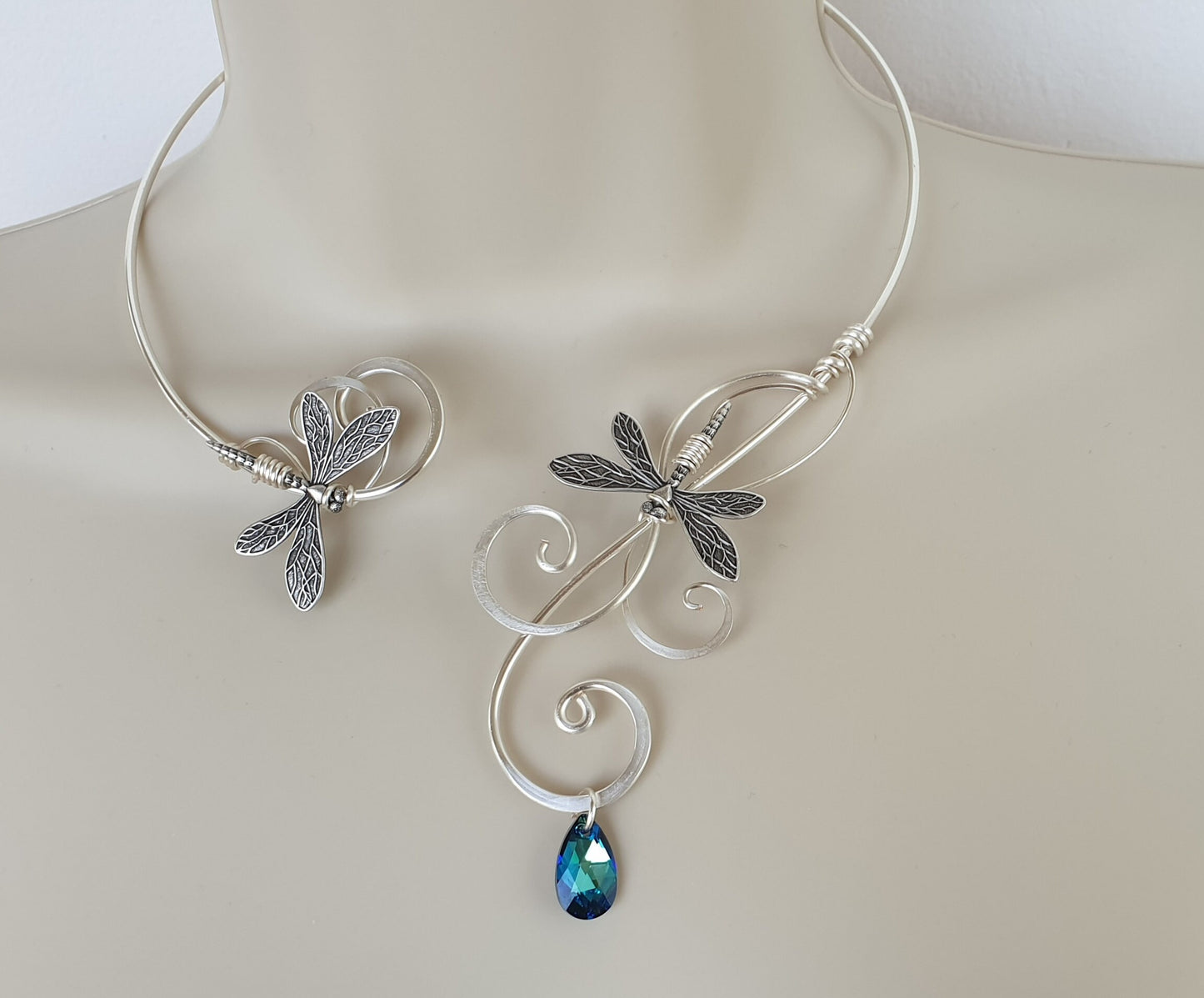 Bermuda Blue Crystal, elements silver dragonfly torc necklace collar
