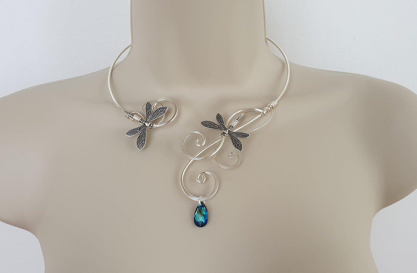 Bermuda Blue Crystal, elements silver dragonfly torc necklace collar