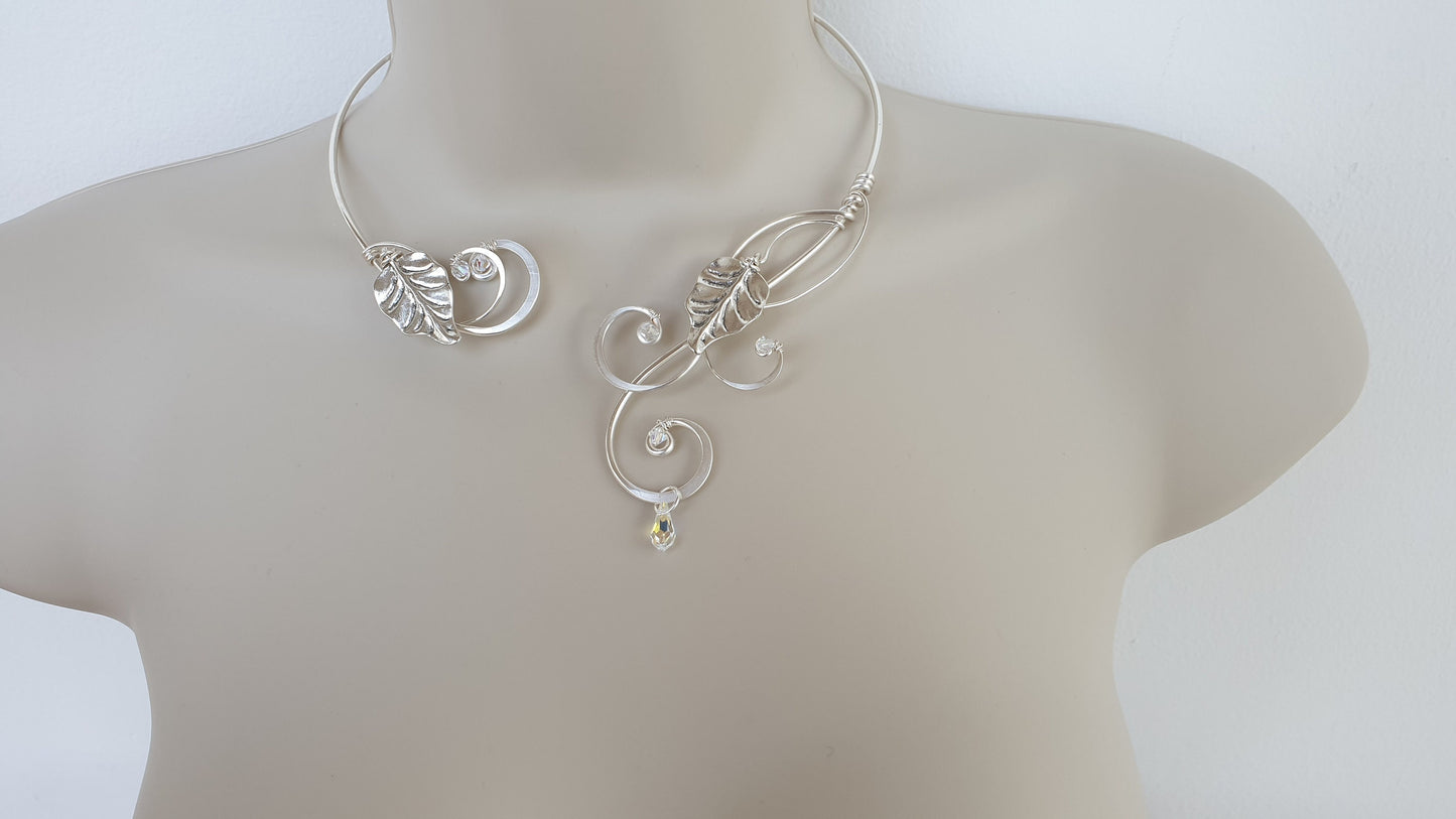 Medieval Renaissance circlet choker silver necklace leaf with crystal elements Elven