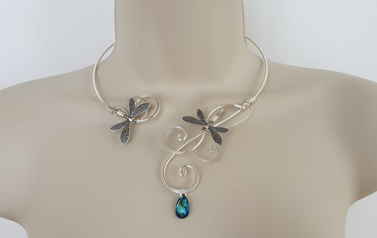 Bermuda Blue Crystal, elements silver dragonfly torc necklace collar