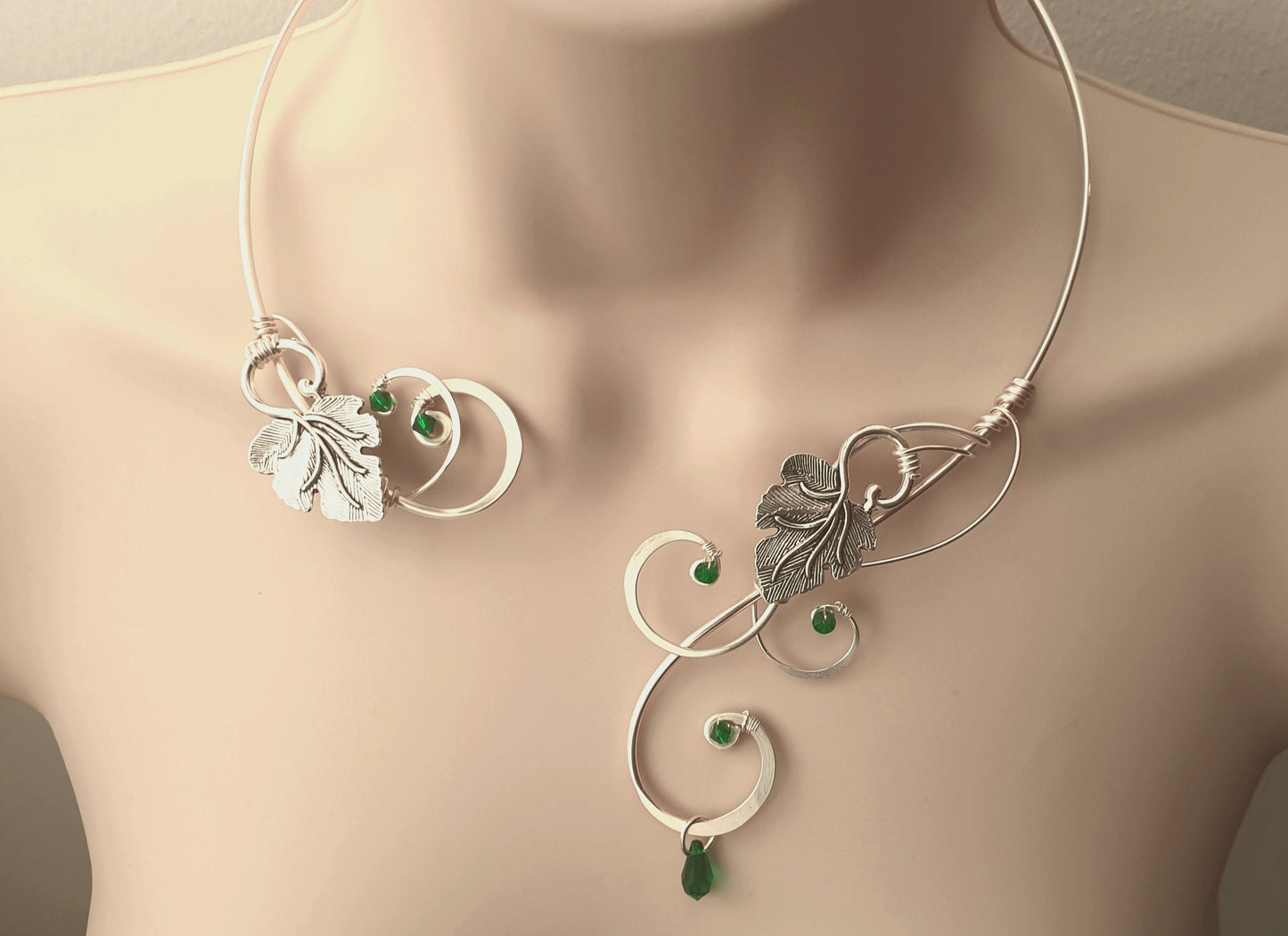 Silver Vine torc necklace, crystal elements emerald green grape leaves collar