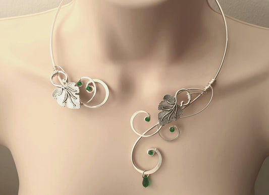 Silver Vine torc necklace, crystal elements emerald green grape leaves collar
