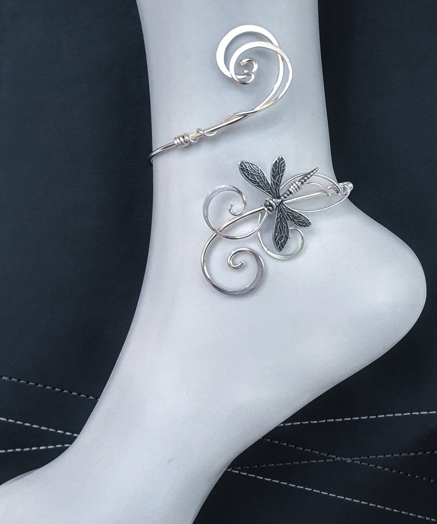 Anklet, sterling silver plated dragonfly ankle cuff, barefoot bridal wedding sandal