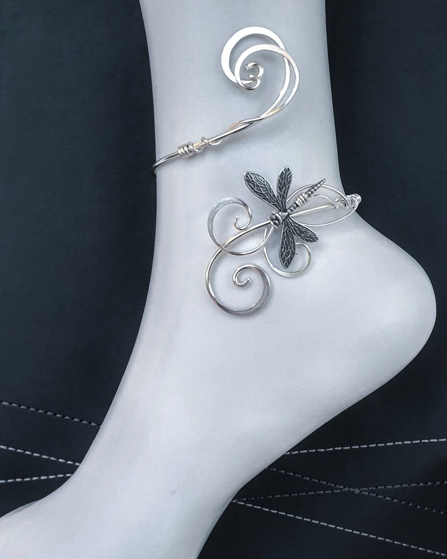 Anklet, sterling silver plated dragonfly ankle cuff, barefoot bridal wedding sandal