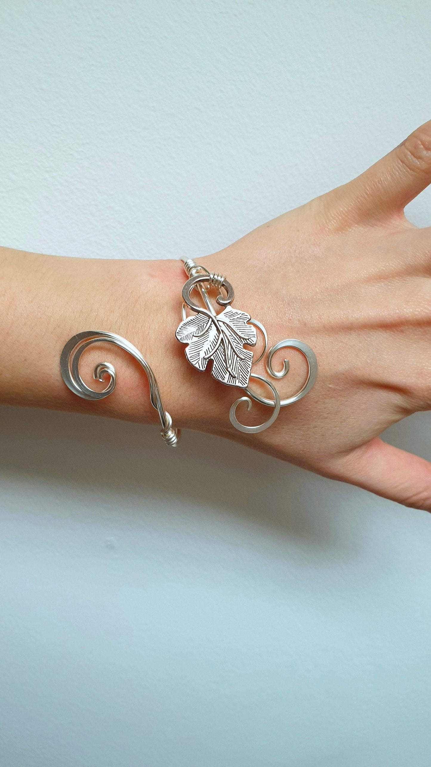 Silver vine leaf cuff bracelet, hammered curl adjustable bangle