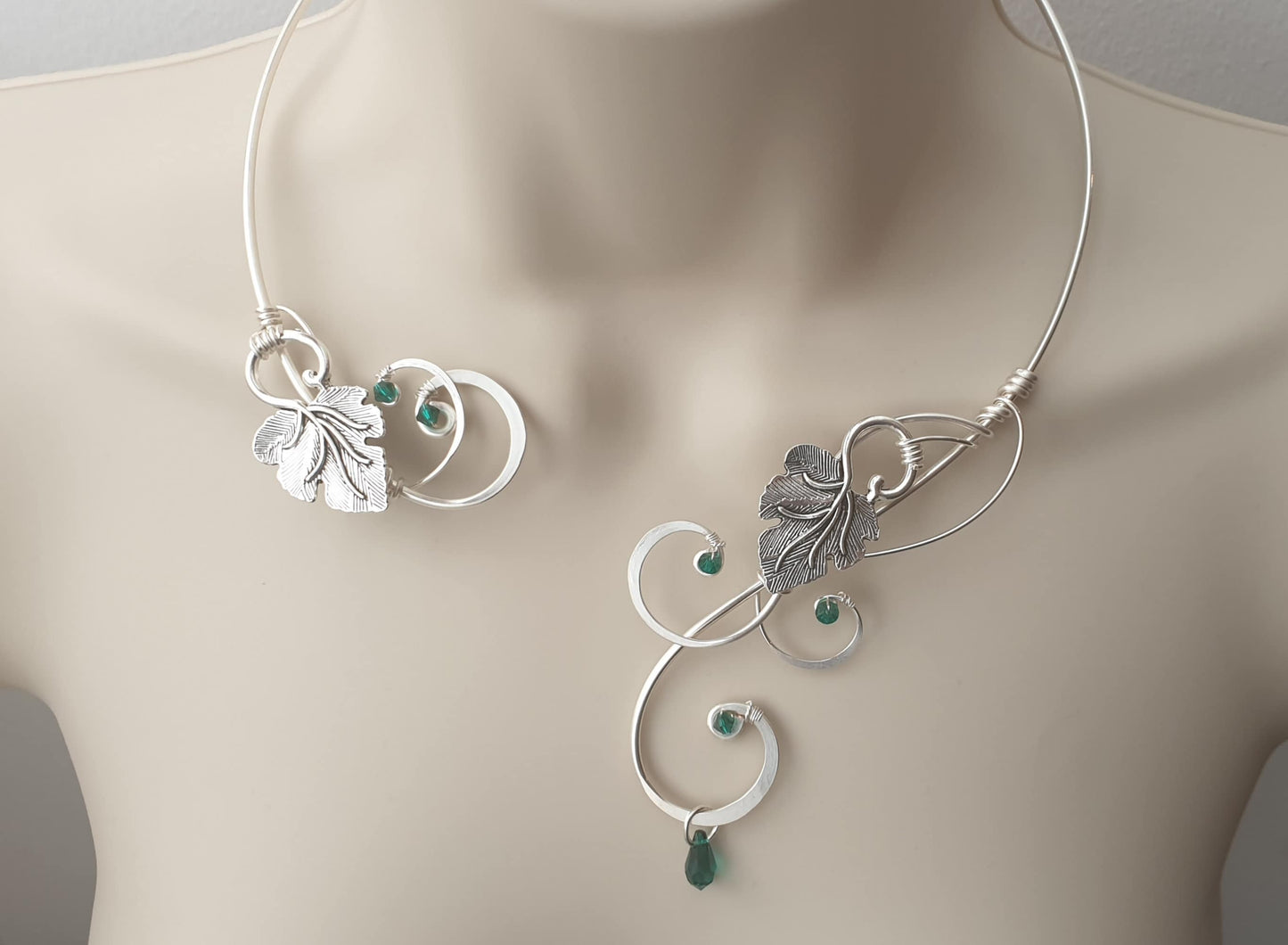 Silver Vine torc necklace, crystal elements emerald green grape leaves collar