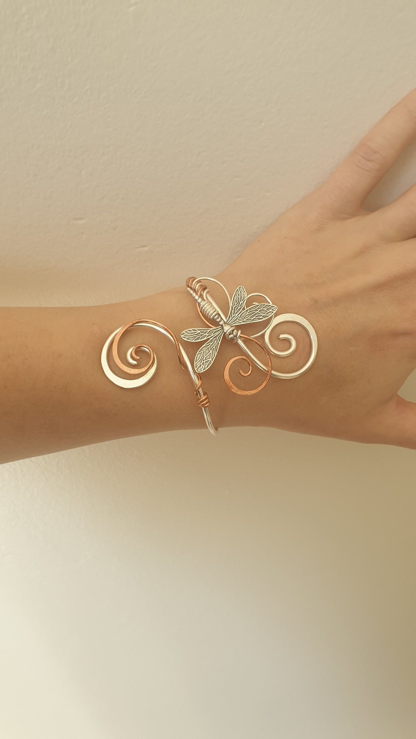 Copper and silver dragonfly cuff bracelet, adjustable bangle