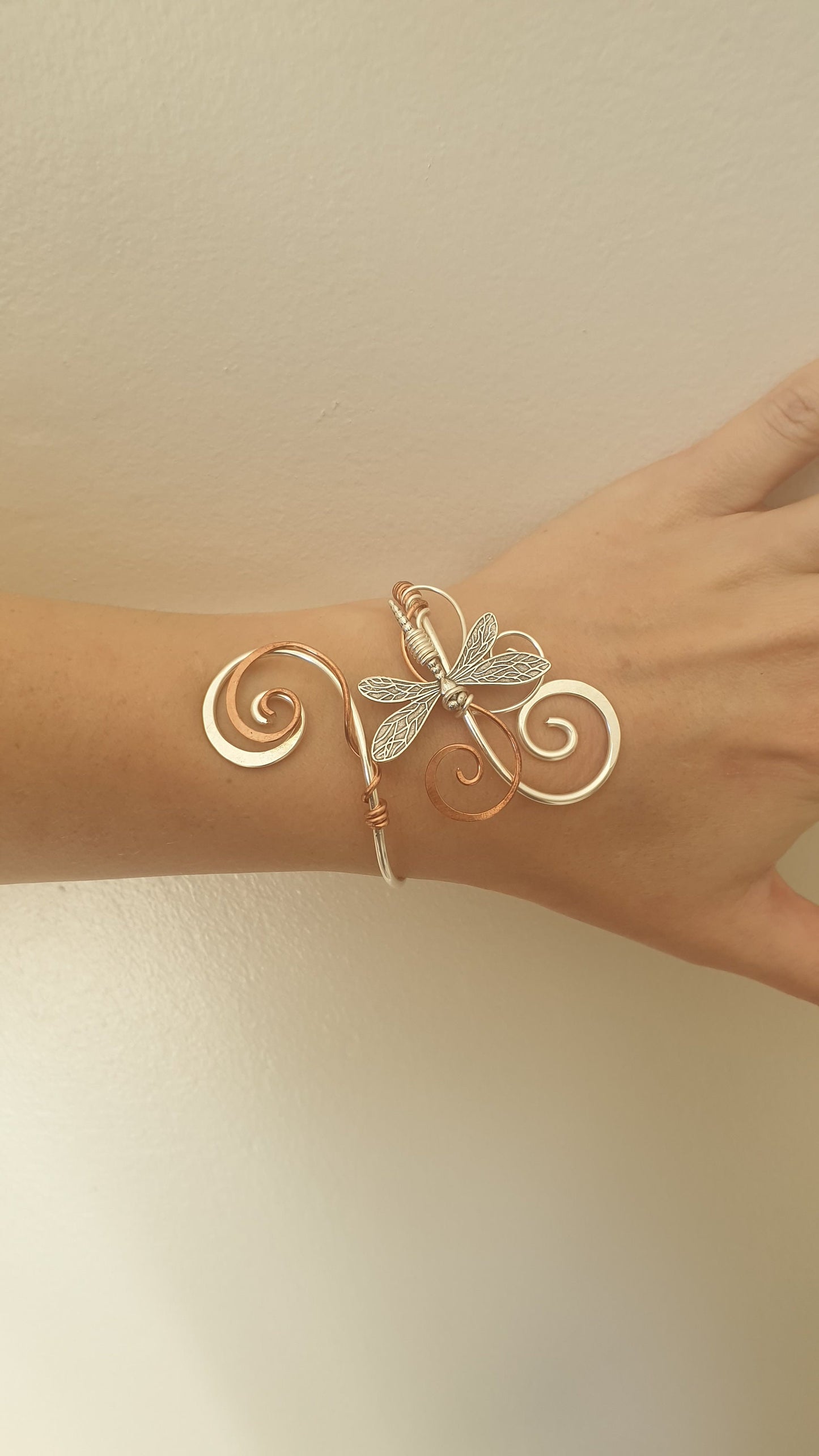 Copper and silver dragonfly cuff bracelet, adjustable bangle