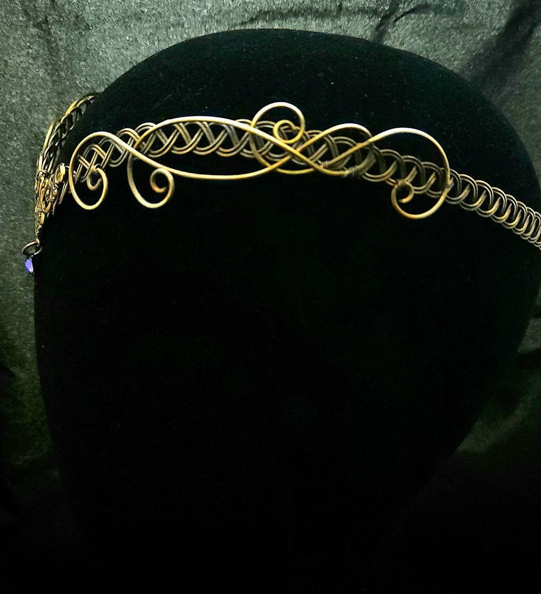 Brass gold medieval headpiece crown with a purple crystal
